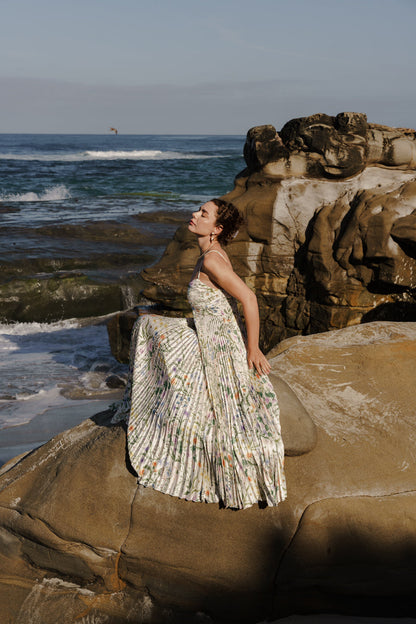 Cambrie Sleeveless Pleated Floral Print Maxi Dress Green
