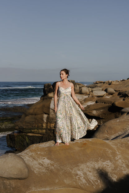 Cambrie Sleeveless Pleated Floral Print Maxi Dress Green