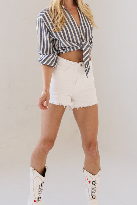 Avra High Rise Frayed Hem Denim Shorts White