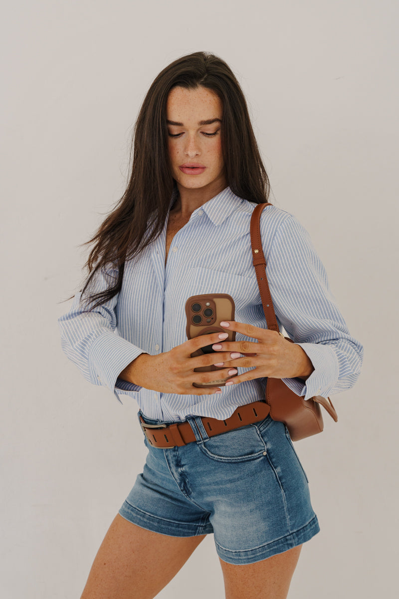 Jenny Rectangle Metal Buckle Vegan Leather Belt Brown