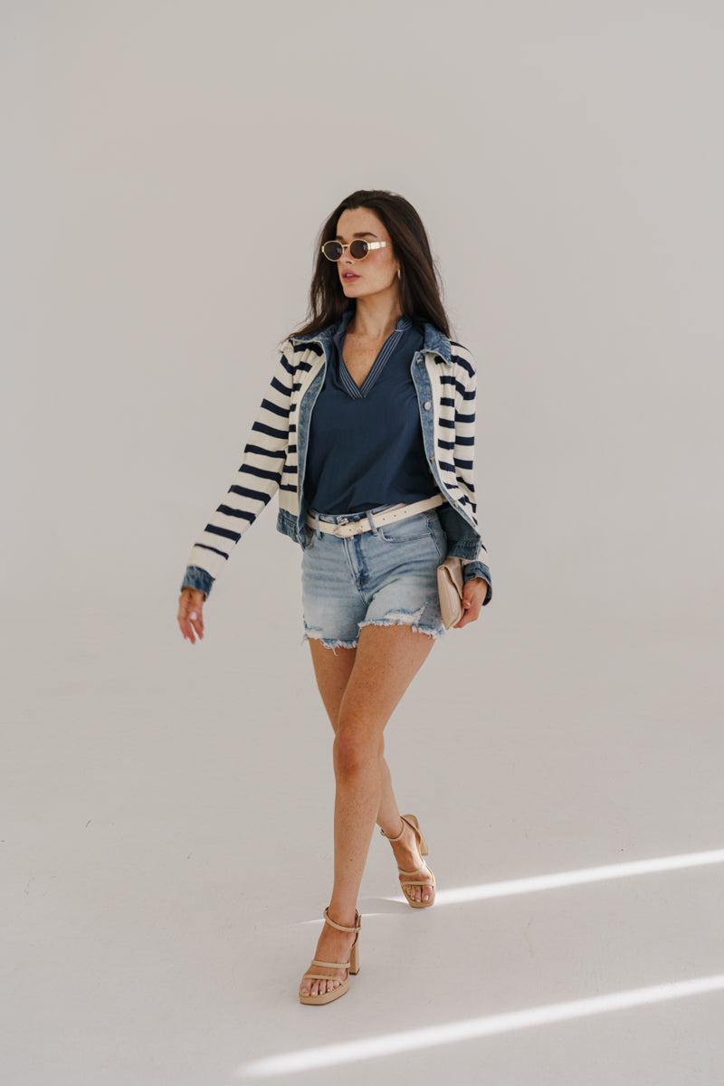 Lioran High Rise Frayed Hem Distressed Denim Shorts Light Wash