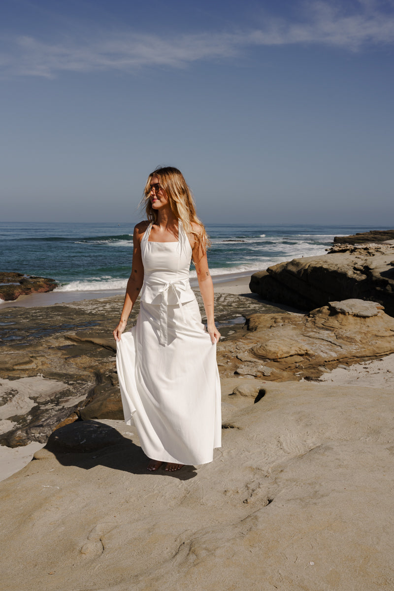 Piper Sleeveless Halter Waist Tie Top And High Waist Maxi Skirt Set White
