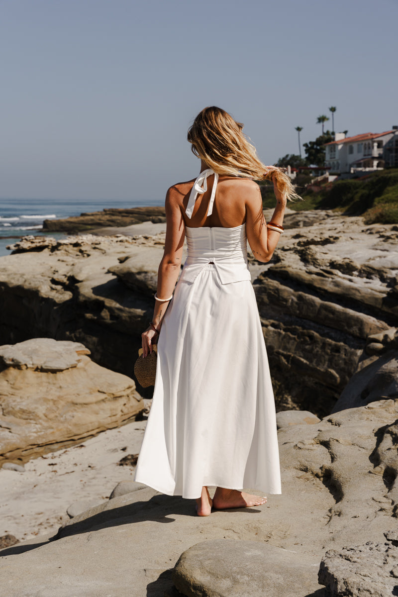 Piper Sleeveless Halter Waist Tie Top And High Waist Maxi Skirt Set White