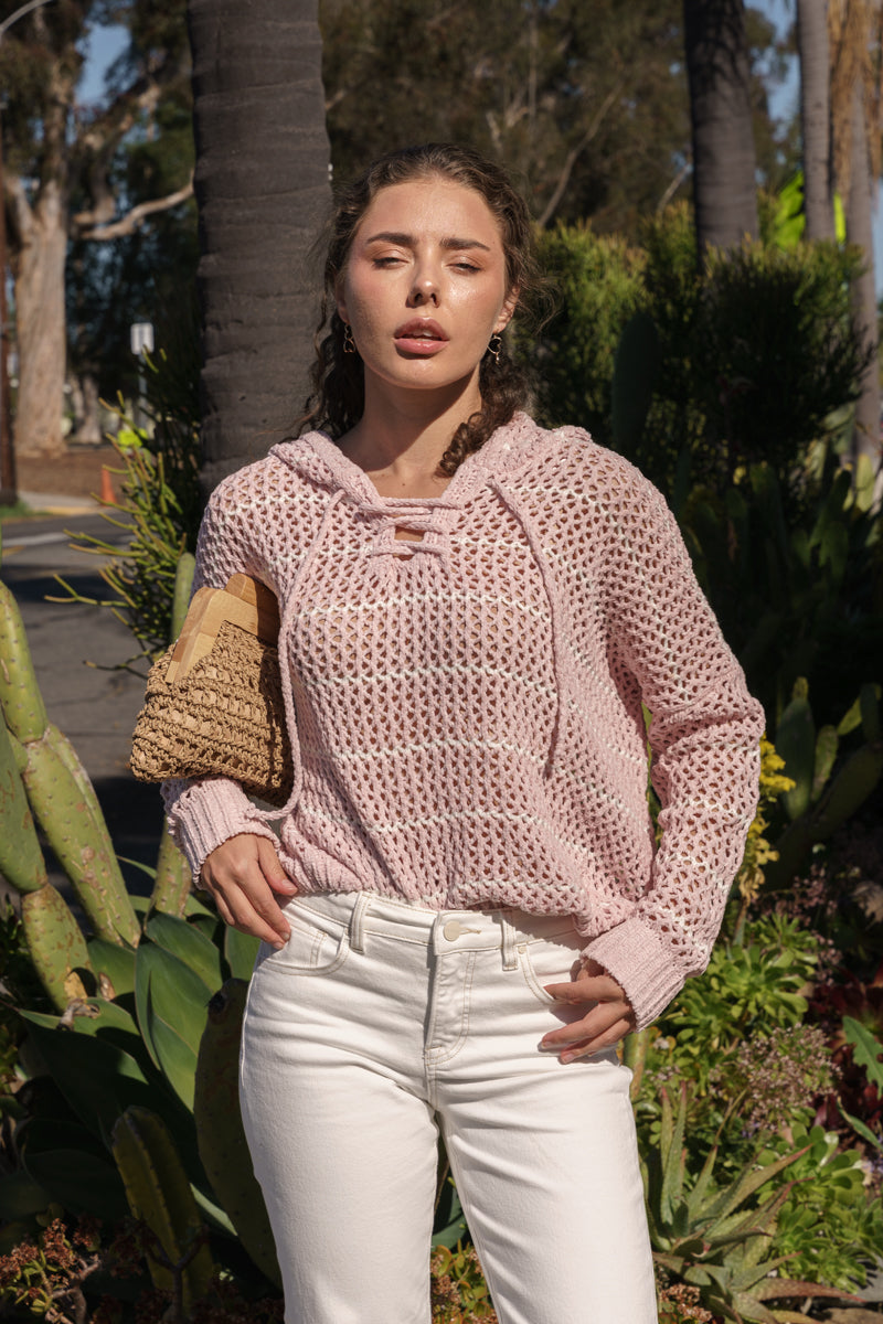 Bailey Long Sleeve Open Cable Knit Hoodie Sweater Pink