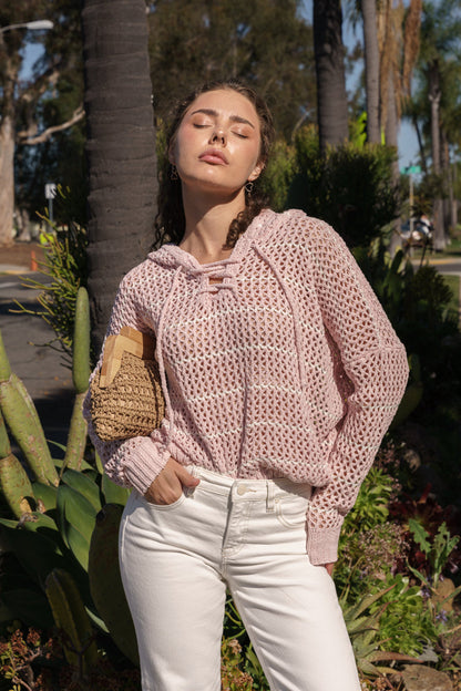 Bailey Long Sleeve Open Cable Knit Hoodie Sweater Pink