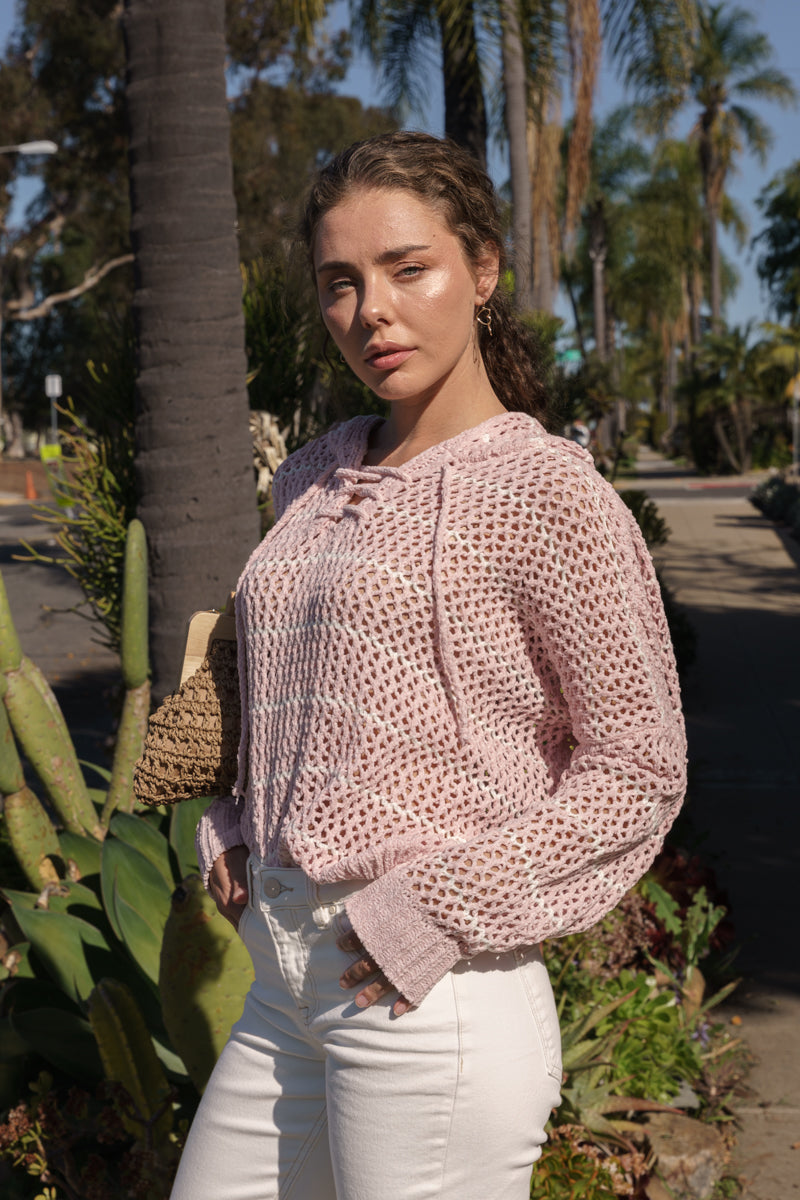 Bailey Long Sleeve Open Cable Knit Hoodie Sweater Pink