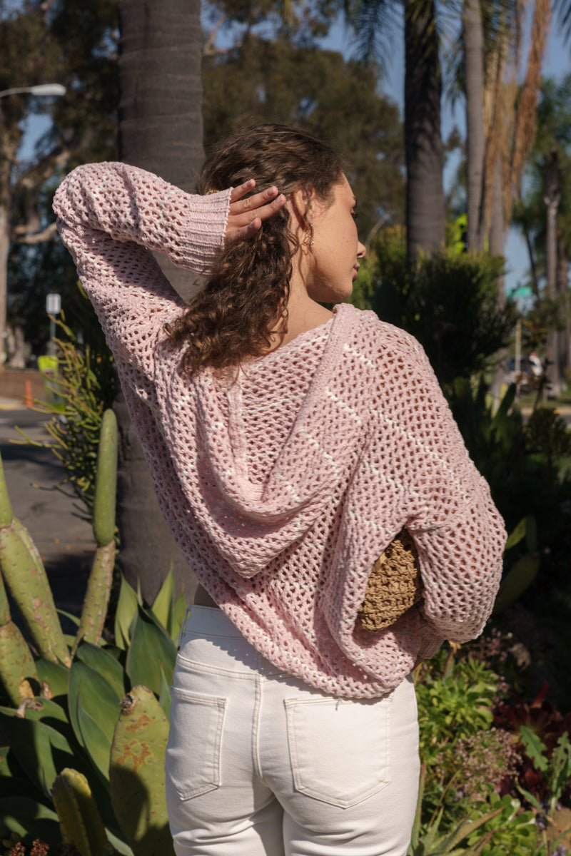 Bailey Long Sleeve Open Cable Knit Hoodie Sweater Pink