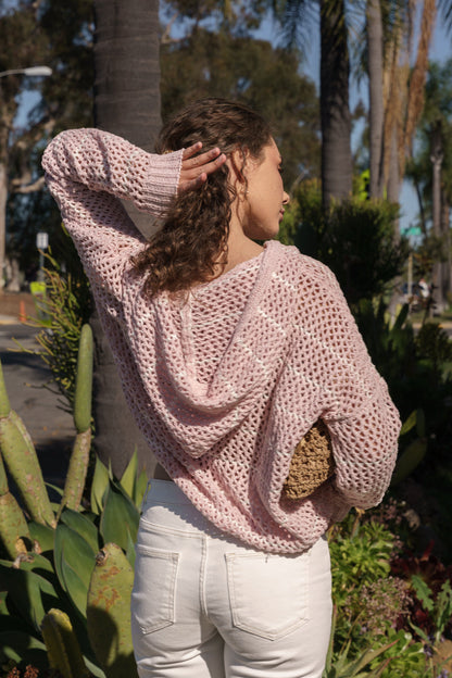 Bailey Long Sleeve Open Cable Knit Hoodie Sweater Pink