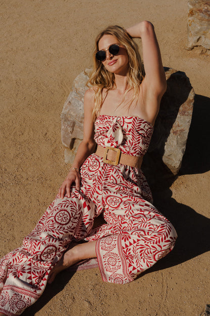 Gracen Sleeveless Back Tie Abstract Print Wide Leg Jumpsuit Ivory