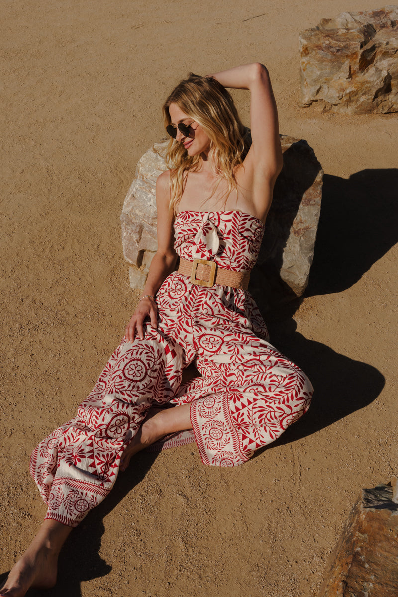 Gracen Sleeveless Back Tie Abstract Print Wide Leg Jumpsuit Ivory