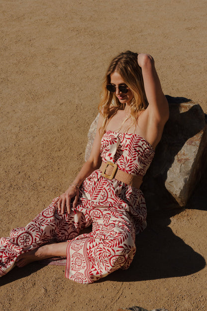 Gracen Sleeveless Back Tie Abstract Print Wide Leg Jumpsuit Ivory