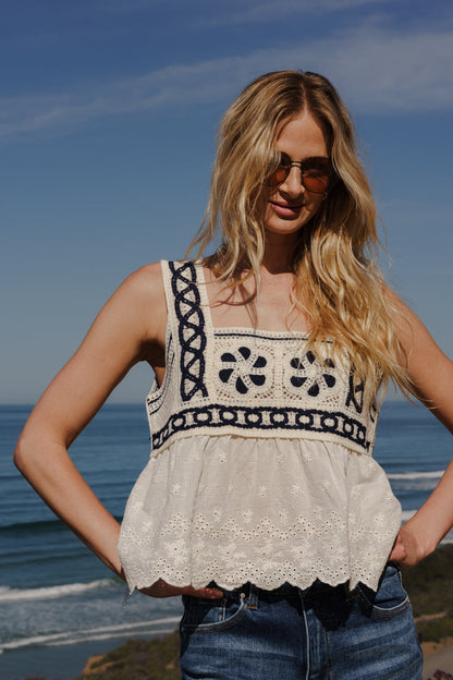 Kenza Sleeveless Crochet Cami Top Cream