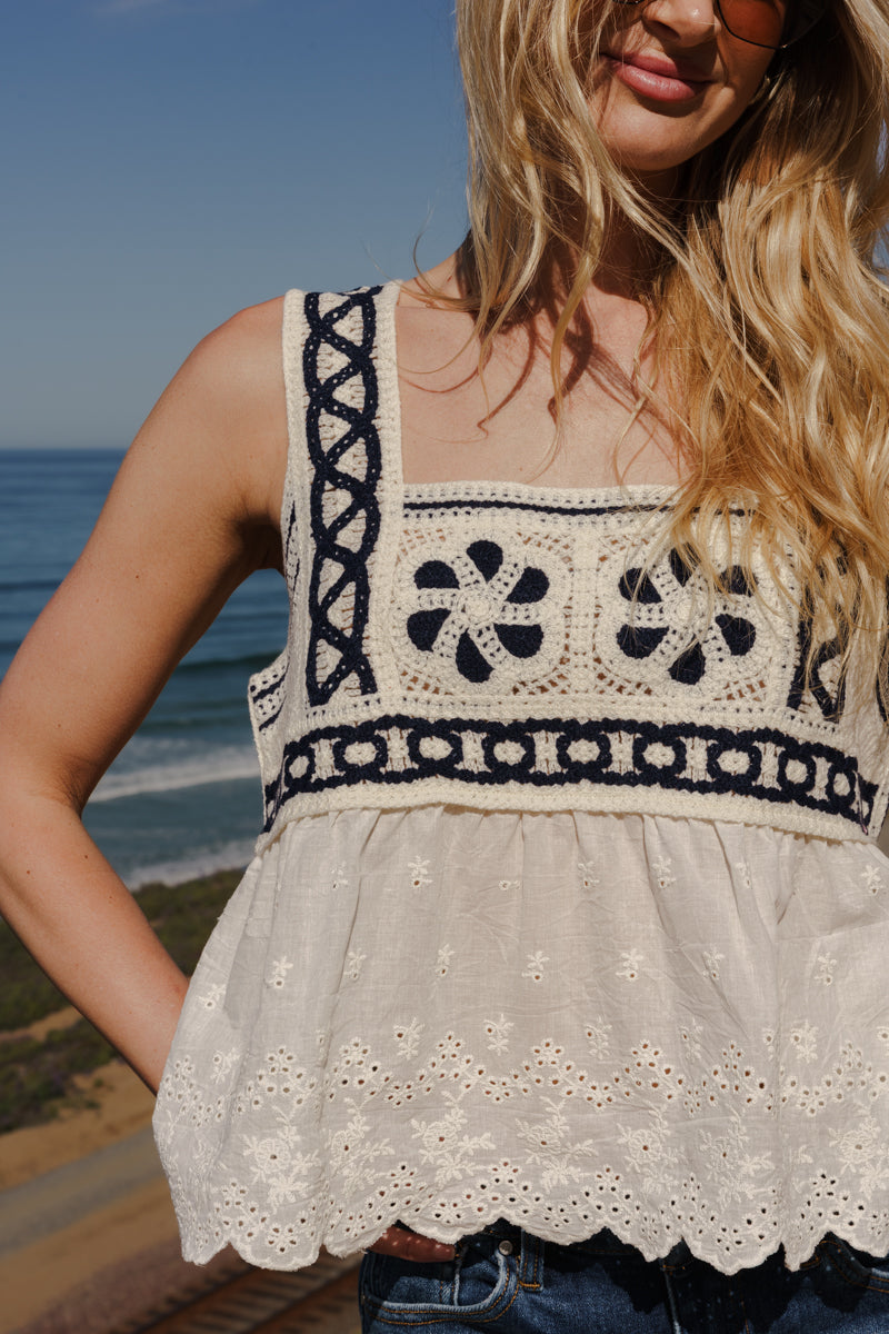Kenza Sleeveless Crochet Cami Top Cream