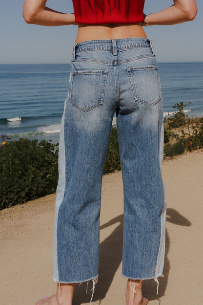 Rachel High Rise Cropped Barrel Two Tone Jeans Medium Wash