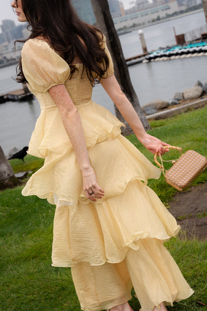 Eden Short Puff Sleeve Tiered Maxi Dress Yellow