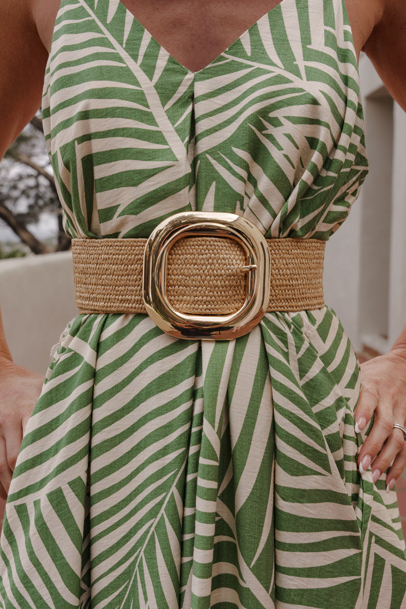 Georgiana Gold Circular Buckle Straw Waist Belt Khaki
