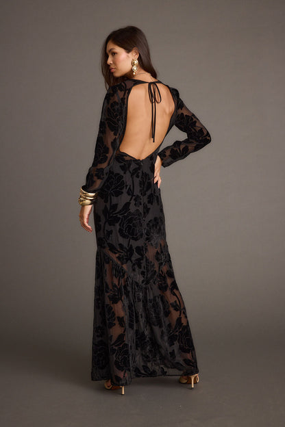 Angela Black Velvet Burnout Long Sleeve Maxi Dress