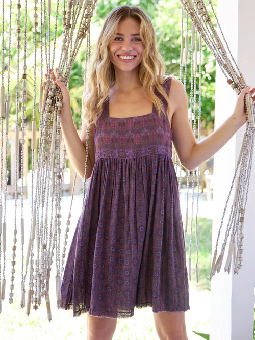 Tricia Reversible Cotton Mini Dress - Medallion Eggplant Sunburst