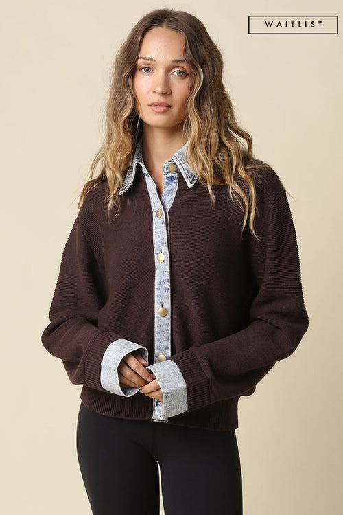 Waitlist 8/20 • Blaire Long Sleeve Button Down Contrast Denim Knit Cardigan Brown