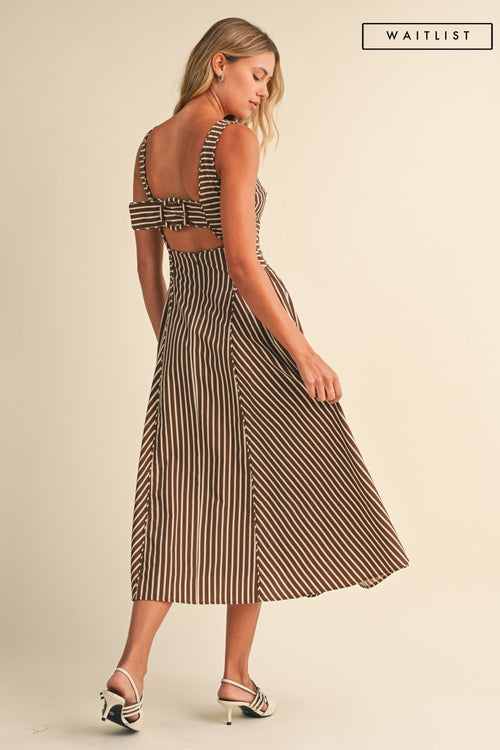 Waitlist 7/8 • Britton Sleeveless Large Back Buckle Stripe Print Midi Dress Brown