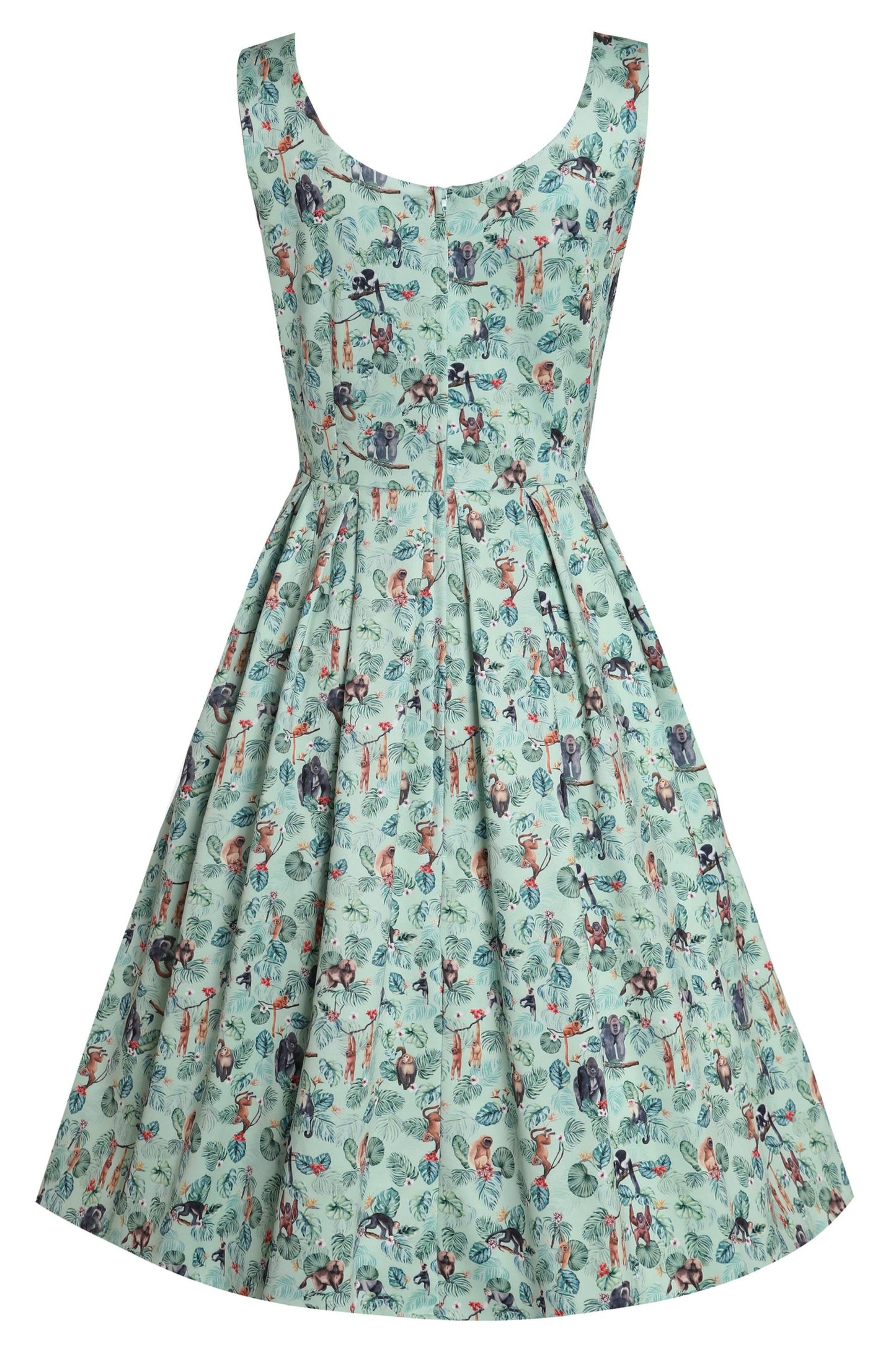 Amanda Light Green Pleated Dress in Monkey Print