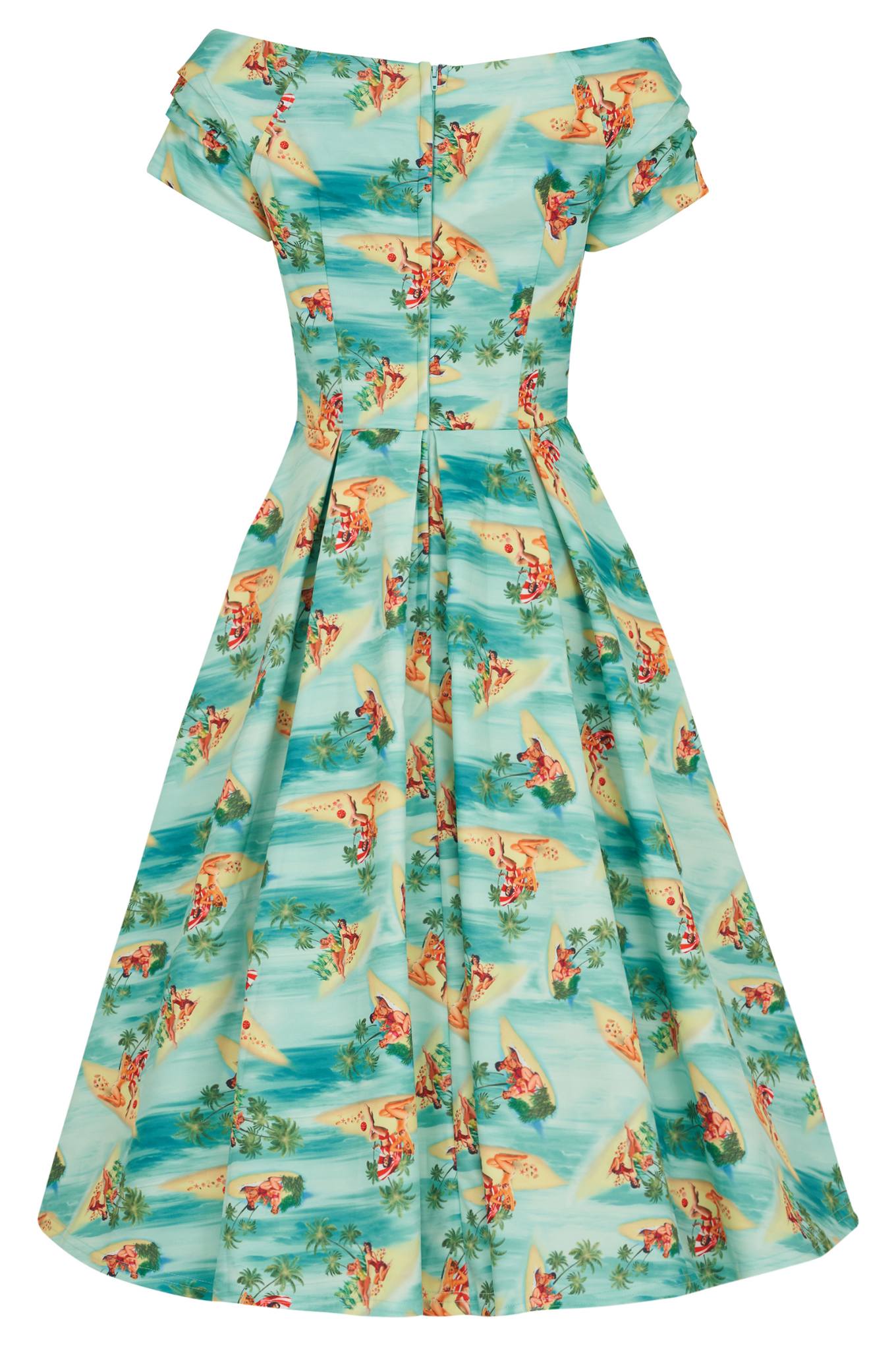 Lily Off Shoulder Turquoise Dress In Pinup Beach Print
