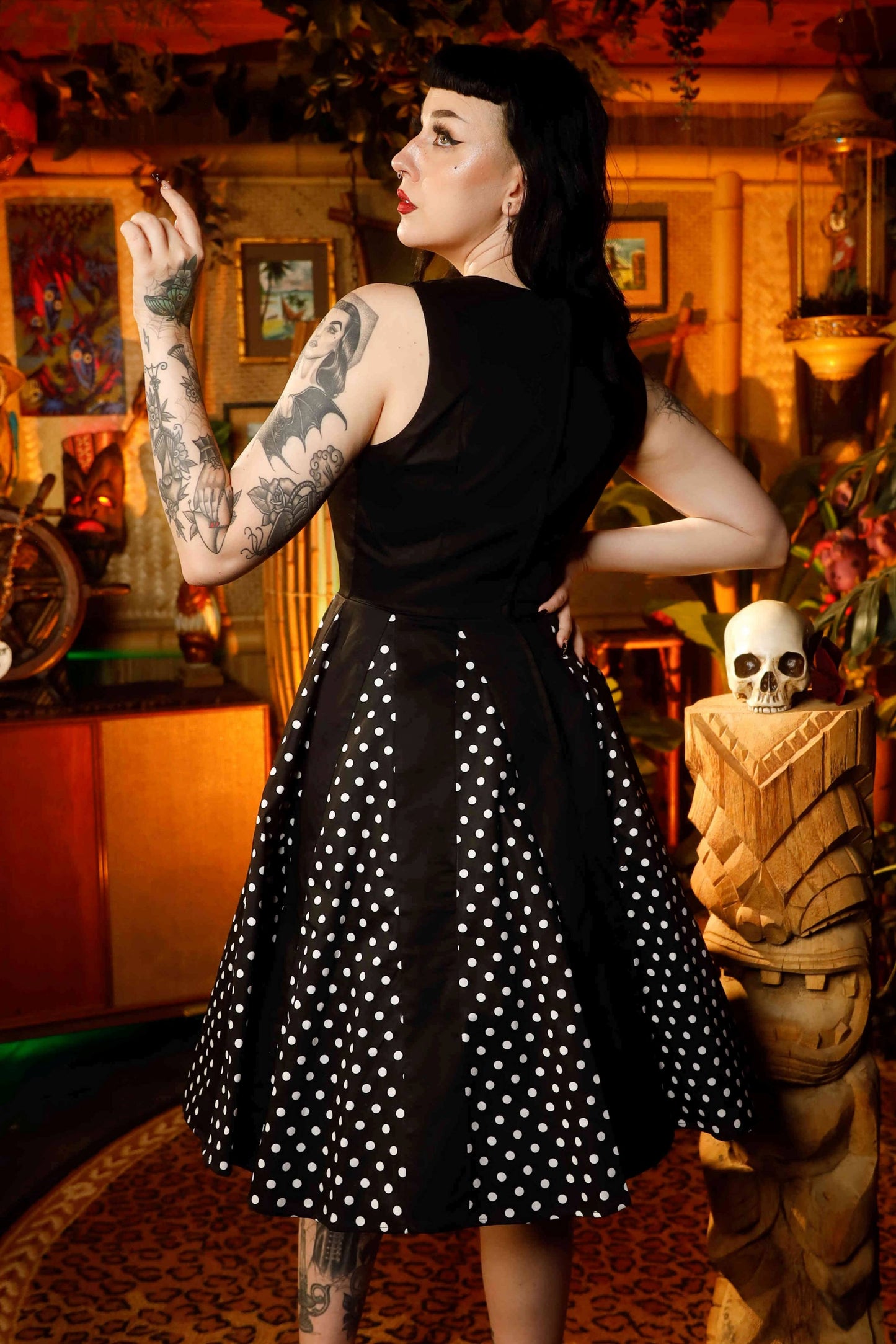 Judith Retro Pleated Black Dress With Polka Dots