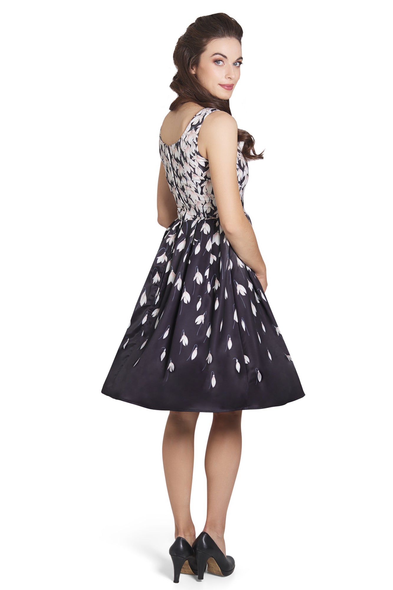 Gorgeous Amanda 50s Inspired Black Swing Dress & Snowdrops