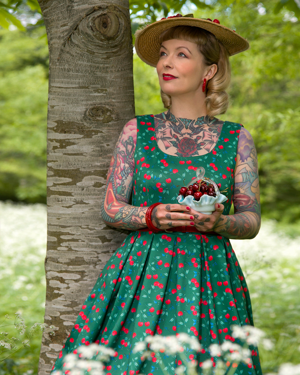 Amanda Cotton Red Cherry Flared Dress In Green