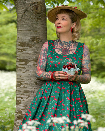 Amanda Cotton Red Cherry Flared Dress In Green