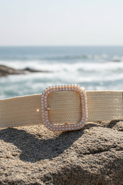 Nyx Large Weaved Faux Pearl Belt Beige