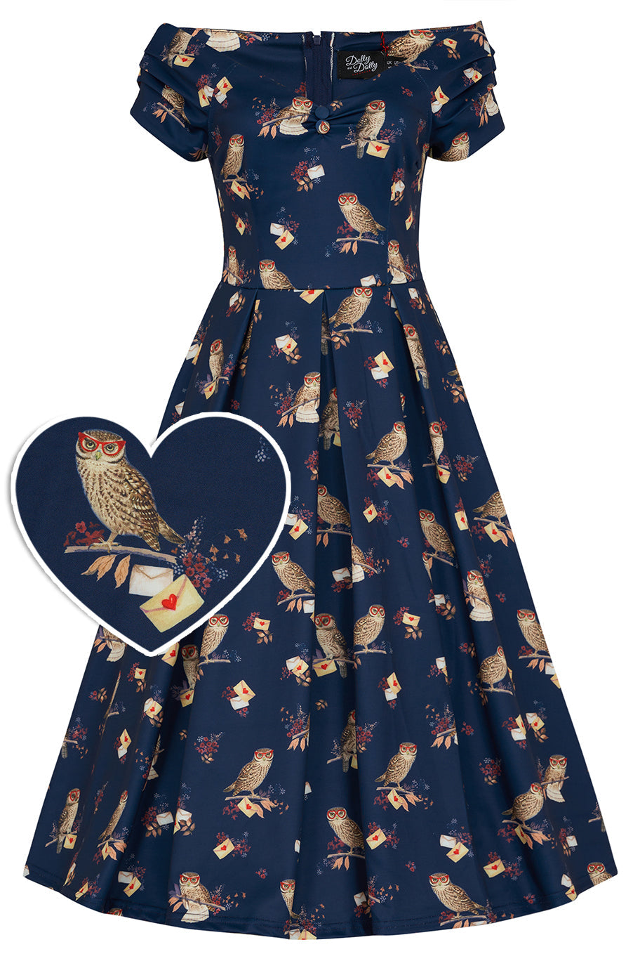 Lily Off Shoulder Navy Owl Swing Dress