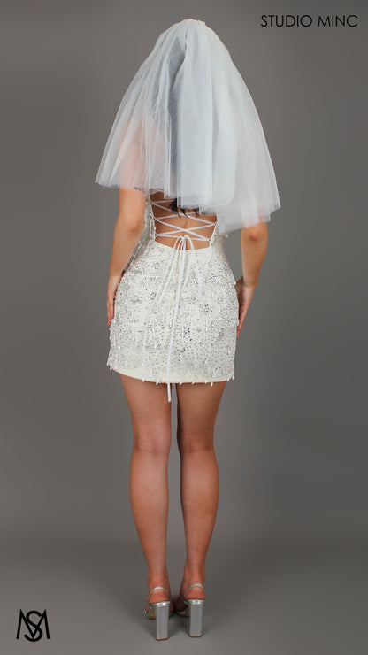 Giselle - Ivory Pearl Bridal Mini Dress | Sparkly Beaded fitted, Pearl Tassel Party Dress