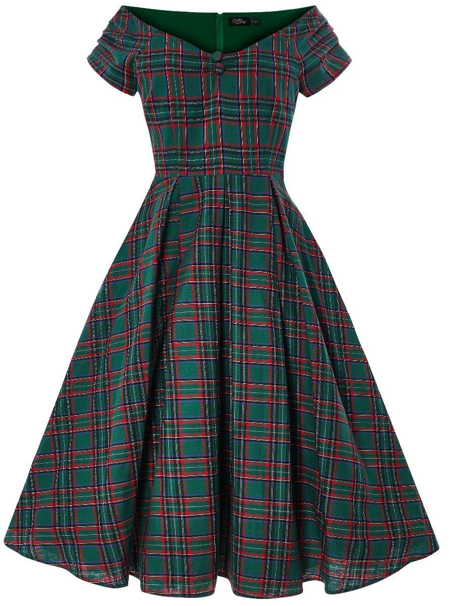 Lily Green Tartan Off Shoulder Swing Dress