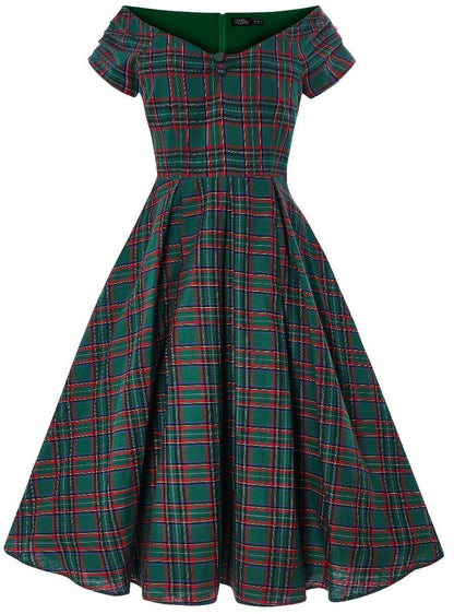 Lily Green Tartan Off Shoulder Swing Dress