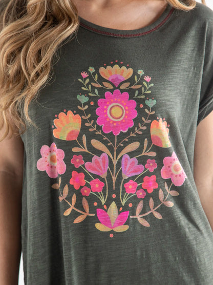 Frankie Knit Cotton Tee Mini Dress - Folk Flower