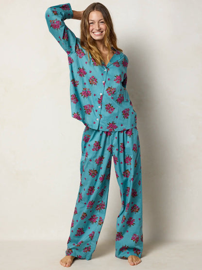 Mix & Match Cotton Long Sleeve Pajama Top - Flower Picking Teal