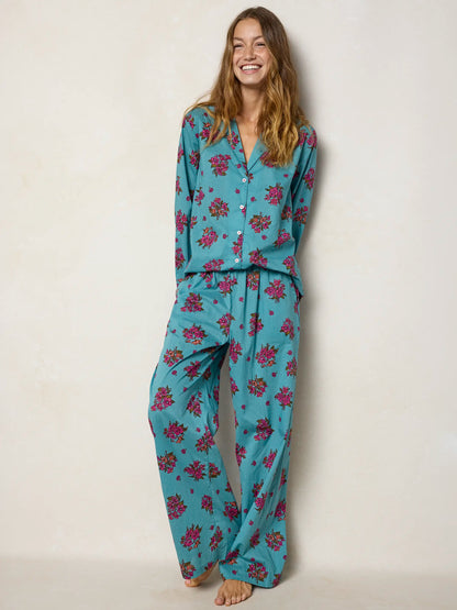 Mix & Match Cotton Long Sleeve Pajama Top - Flower Picking Teal