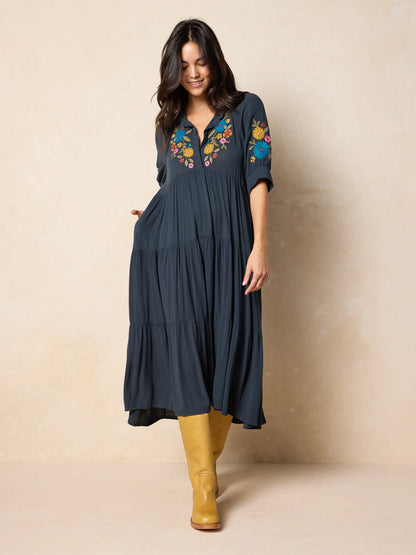 Rebecca Embroidered Midi Dress - Charcoal