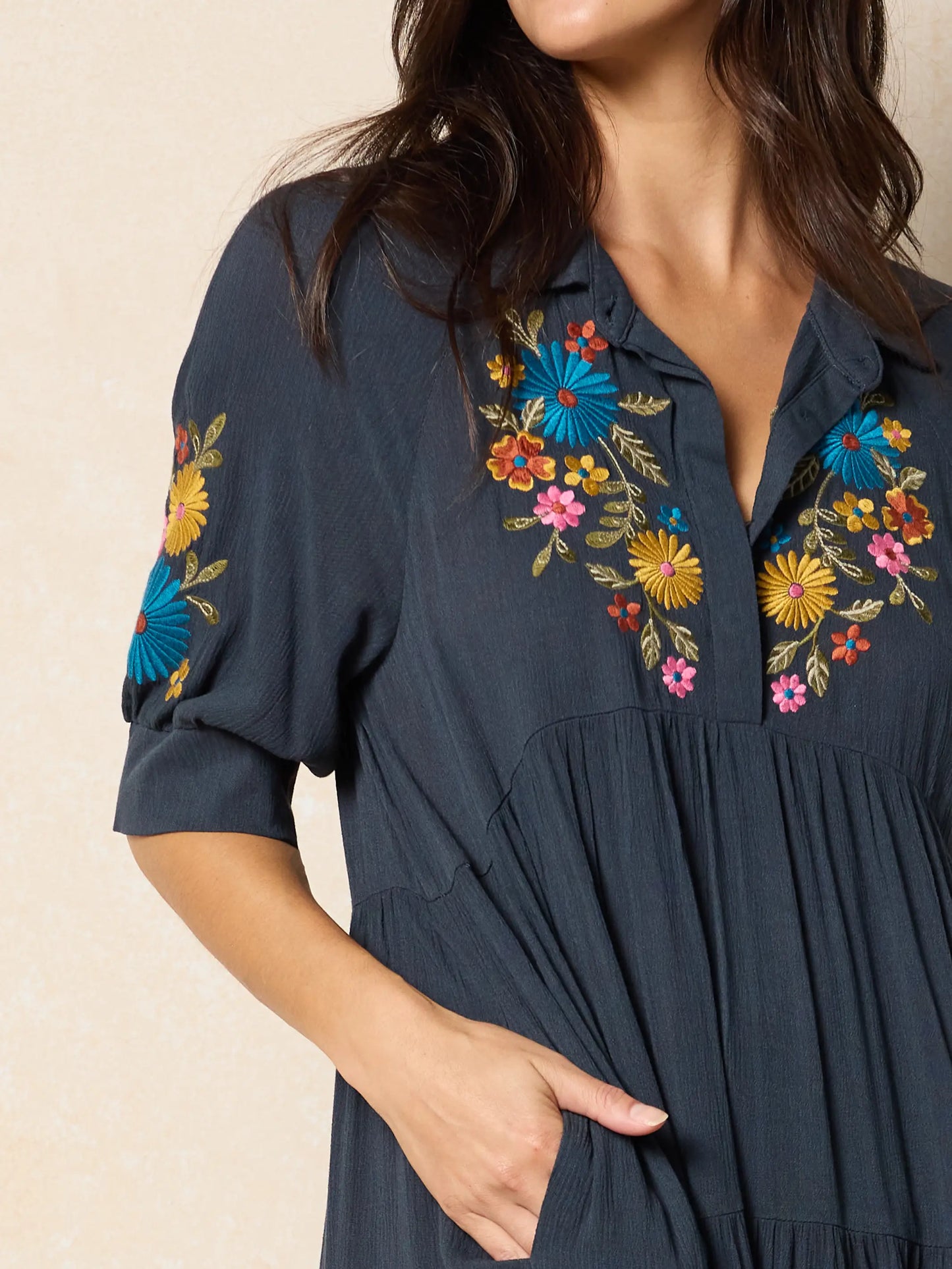 Rebecca Embroidered Midi Dress - Charcoal