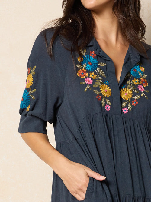 Rebecca Embroidered Midi Dress - Charcoal