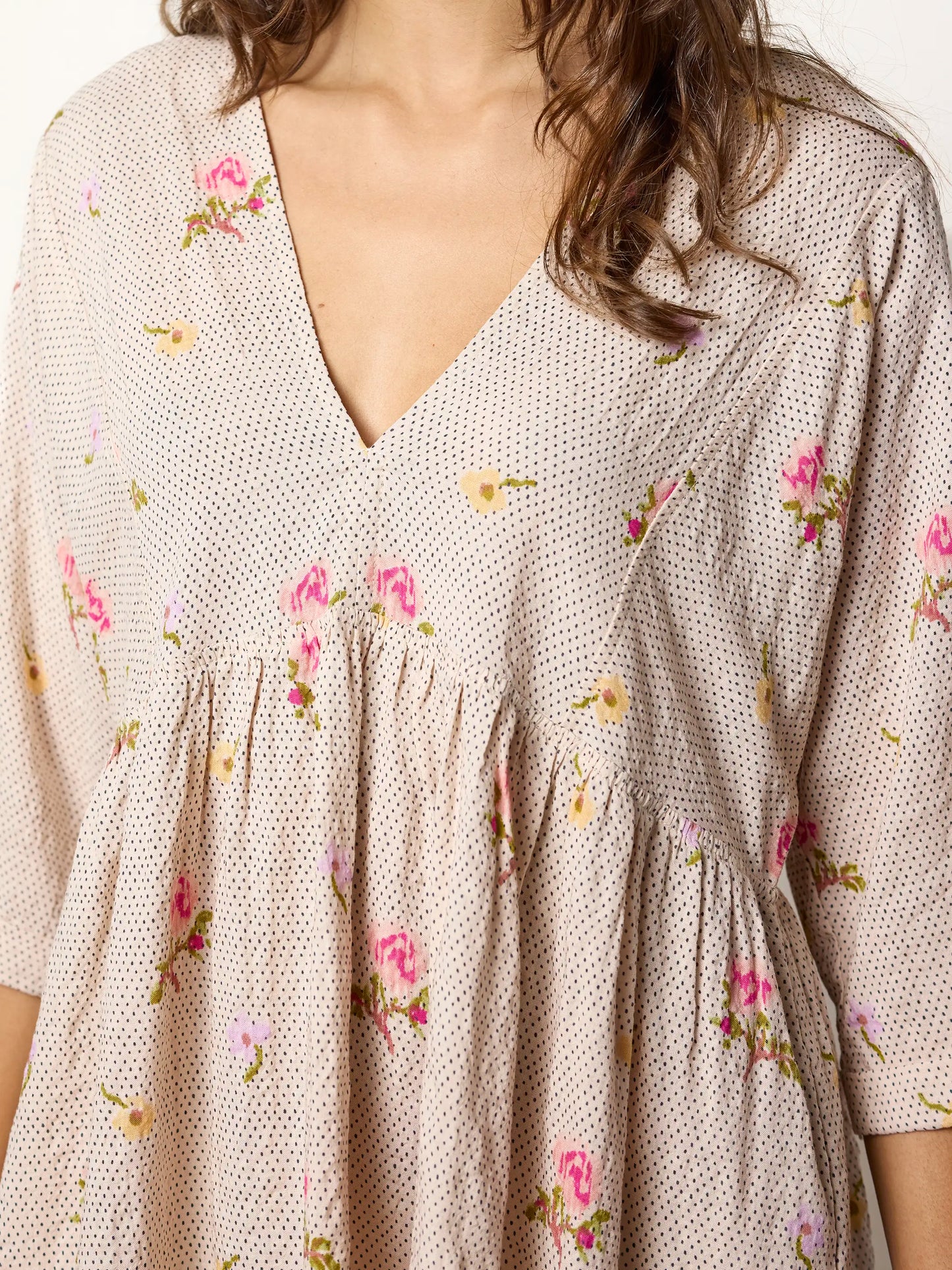 Stella V-Neck Mini Dress - Pin Dot Prairie Cream