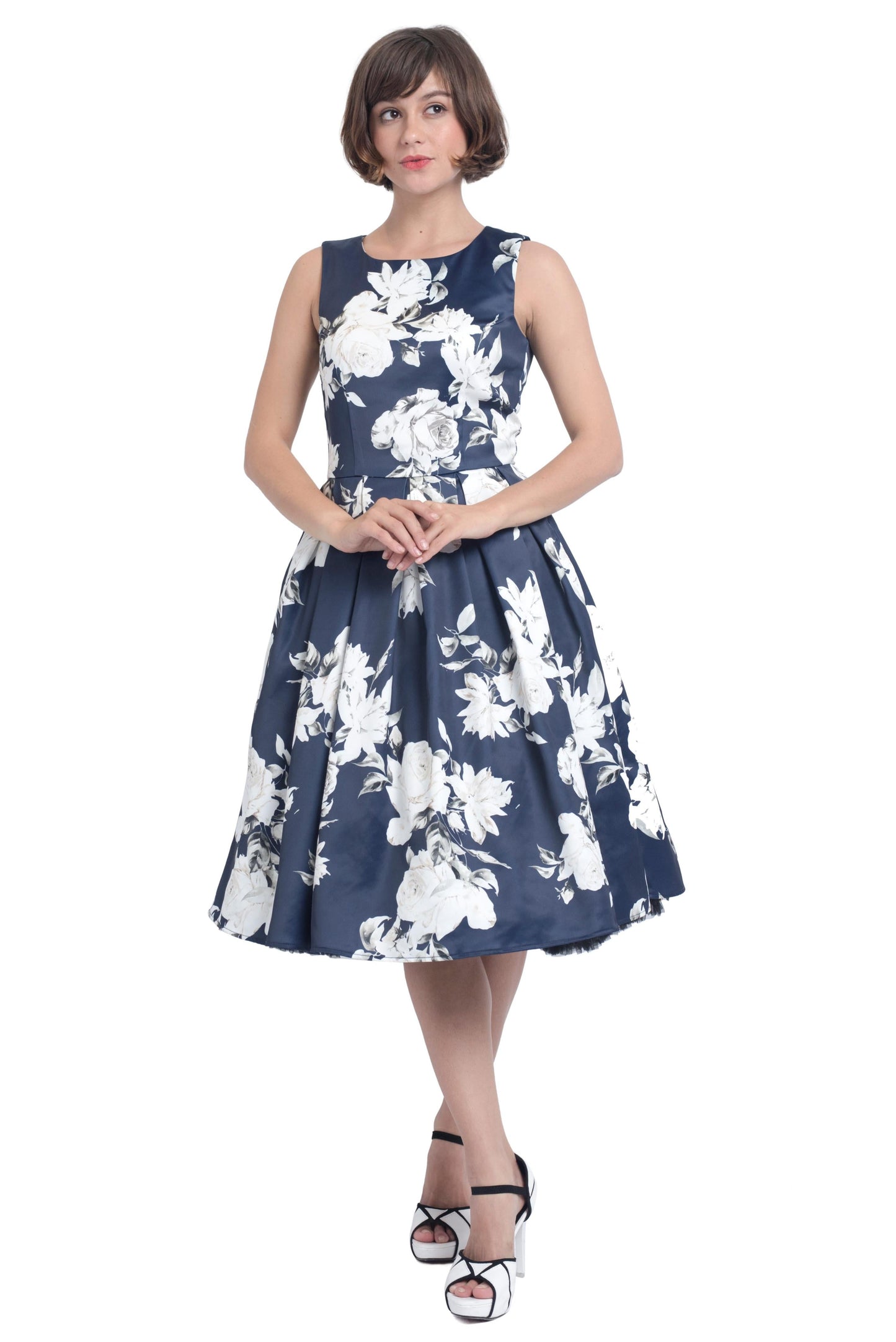Annie Retro White Navy Rose Swing Dress