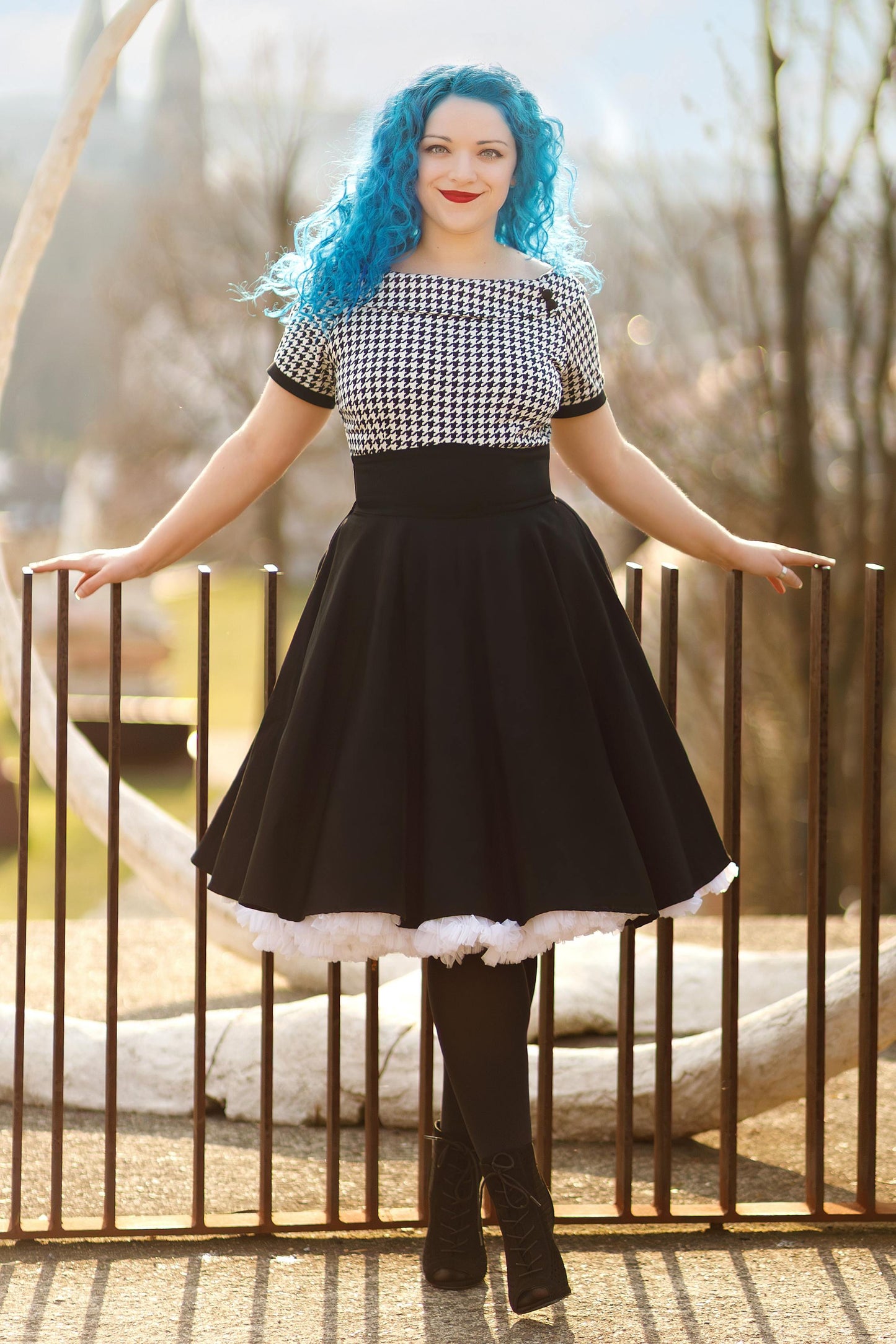 Darlene Houndstooth Roll Collar Circle Dress