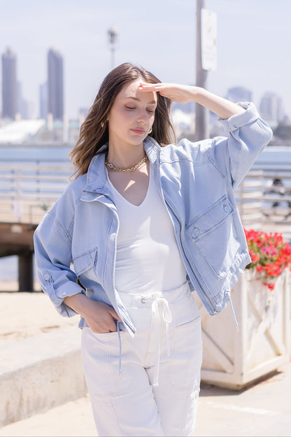 Sydney Long Sleeve Oversized Cargo Denim Jacket Light Wash