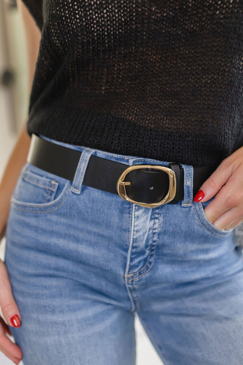 Morgan Oval Metal Buckle Vegan Leather Belt Black