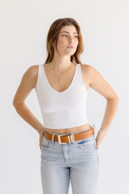 Julia Square Metal Buckle Vegan Leather Belt Cognac