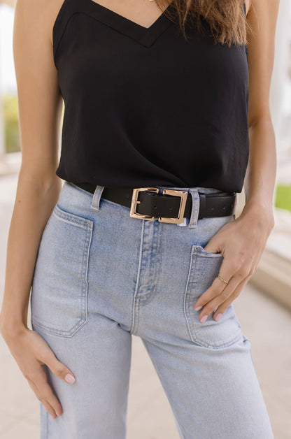 Sarah Double Metal Buckle Vegan Leather Belt Black