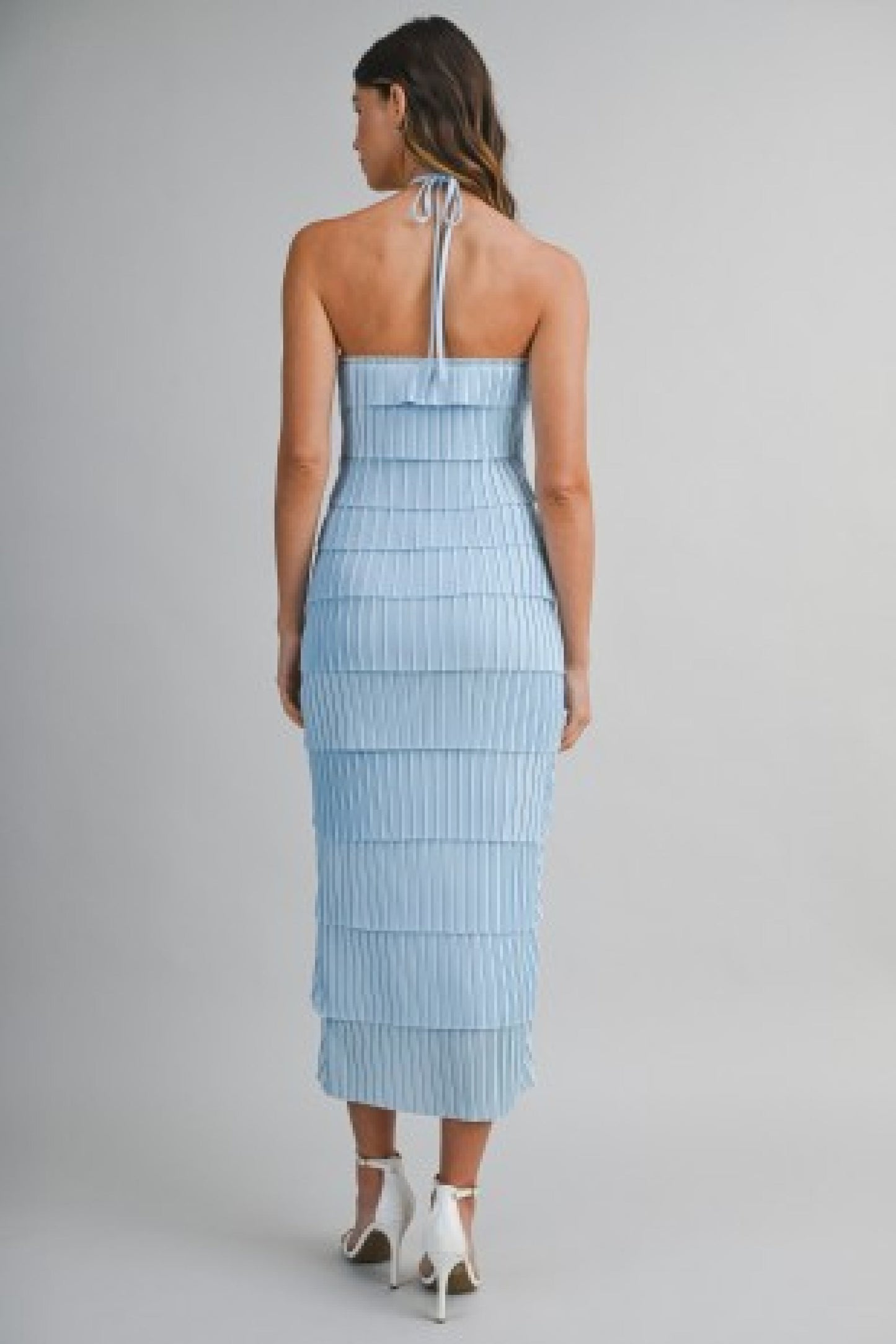 Kerry Sleeveless Halter Layered Diagonal Ruffle Overlay Midi Dress Blue