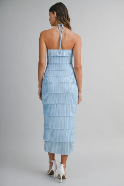 Kerry Sleeveless Halter Layered Diagonal Ruffle Overlay Midi Dress Blue